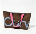 Curv Letter Print Knitted Tote Bag, Zipper Closure Large Capacity Shoulder Bag, Brown with Light Blue Letter
