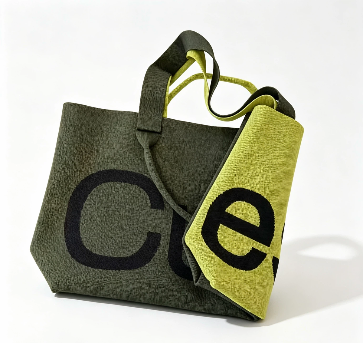 Two-Tone Knitted Letter Tote Bag, Large Capacity Casual Shoulder Handbag, Olive & Lime Green