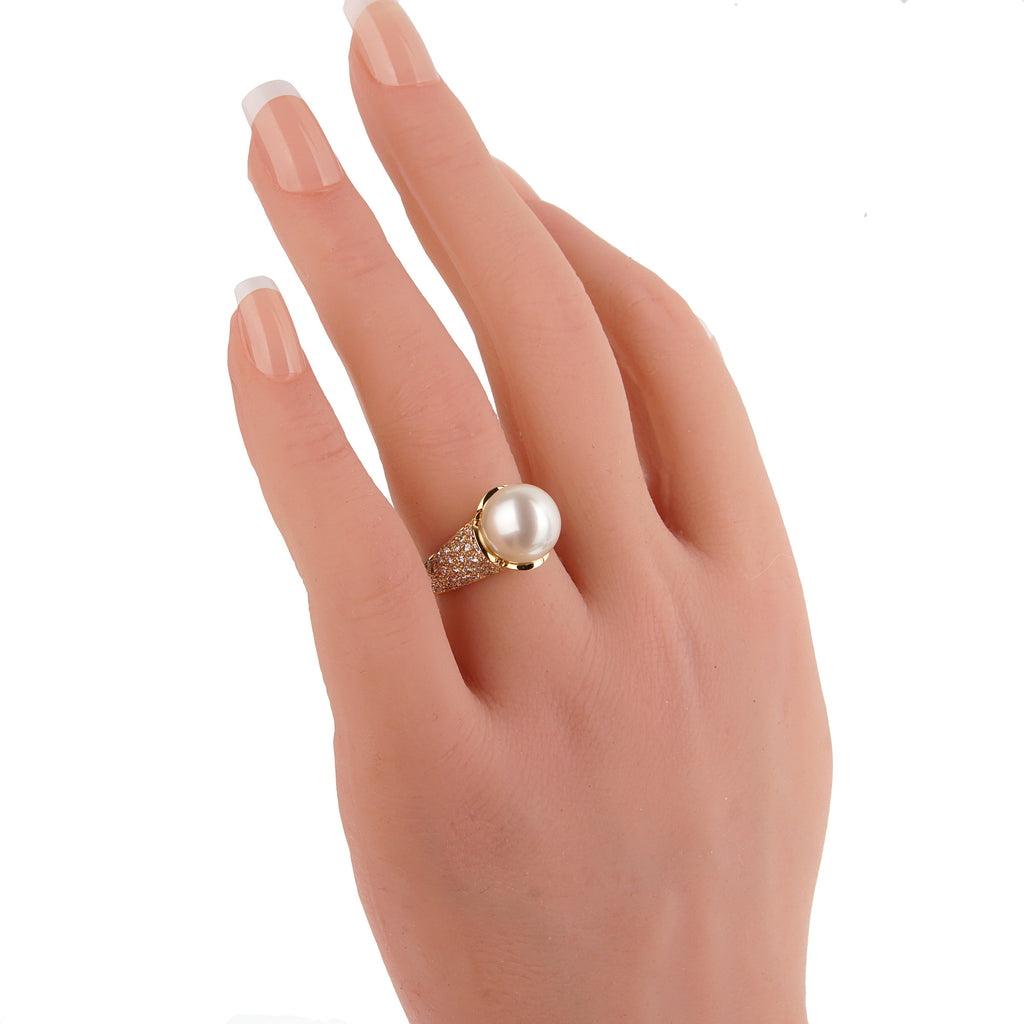 Boucheron Vintage Pearl Diamond 18k Yellow Gold Cocktail Ring Sz 5 1/4