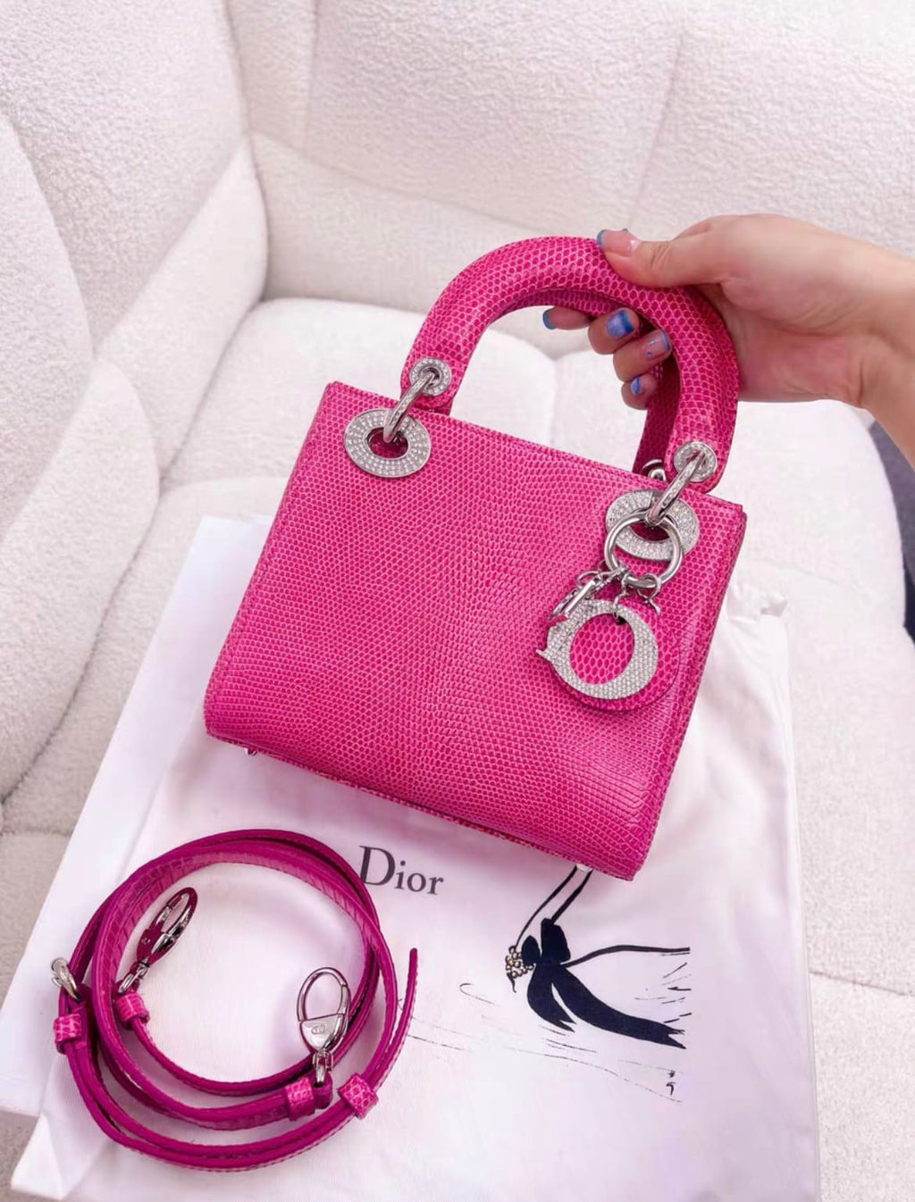 Christian Dior Lady Dior Bag Pink Lizard with Crystal Charms Mini
